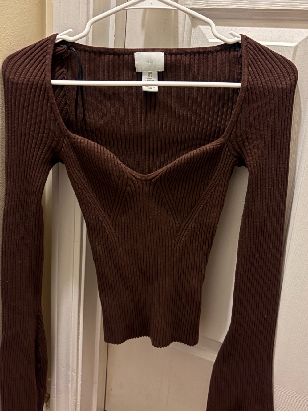 H&M Chocolate Brown Ribbed Long-Sleeve Sweetheart-Neck Top